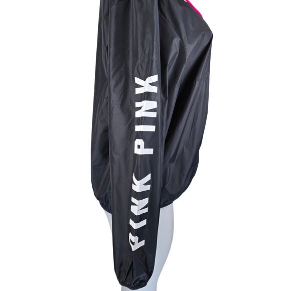 Victoria Secret Pink Black Large Logo Pockets Hooded Rain Packable Jacket M - Picture 4 of 5